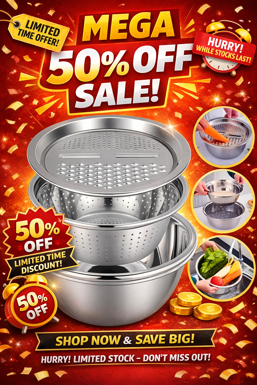 3 in 1 Multifunctional Grater Basin Stainless Steel Colanders Set